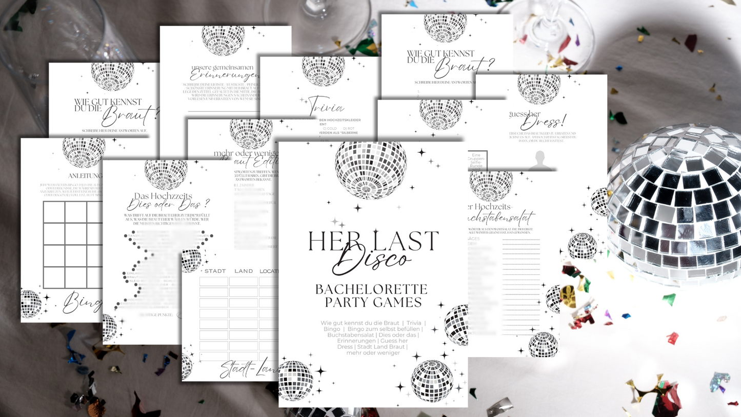 JGA Spielebundle „Her Last Disco“ – monochromes Discokugel Design - 10 Personen