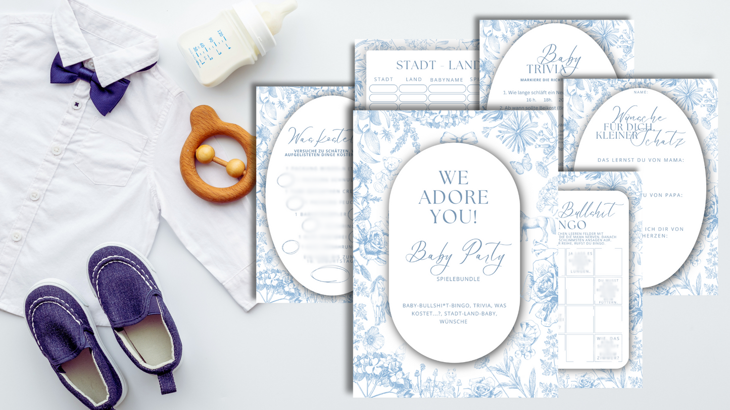 Baby Party Spielebundle „We Adore You“ – hellblau & weiß, Blumenmotiv - 10 Personen