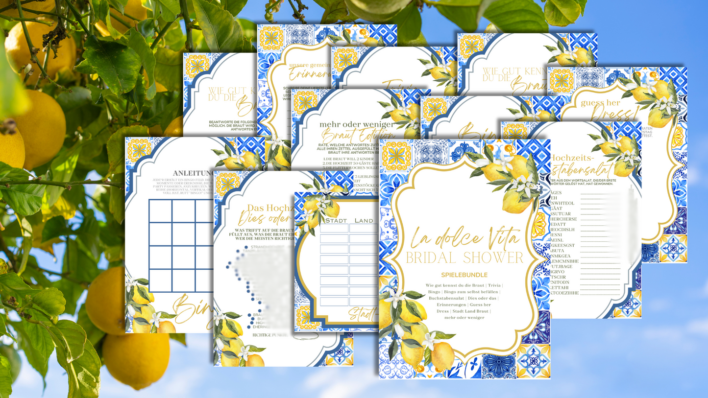 JGA Spielebundle „La Dolce Vita“ – sommerliches Amalfi-Zitronen-Design - 10 Personen